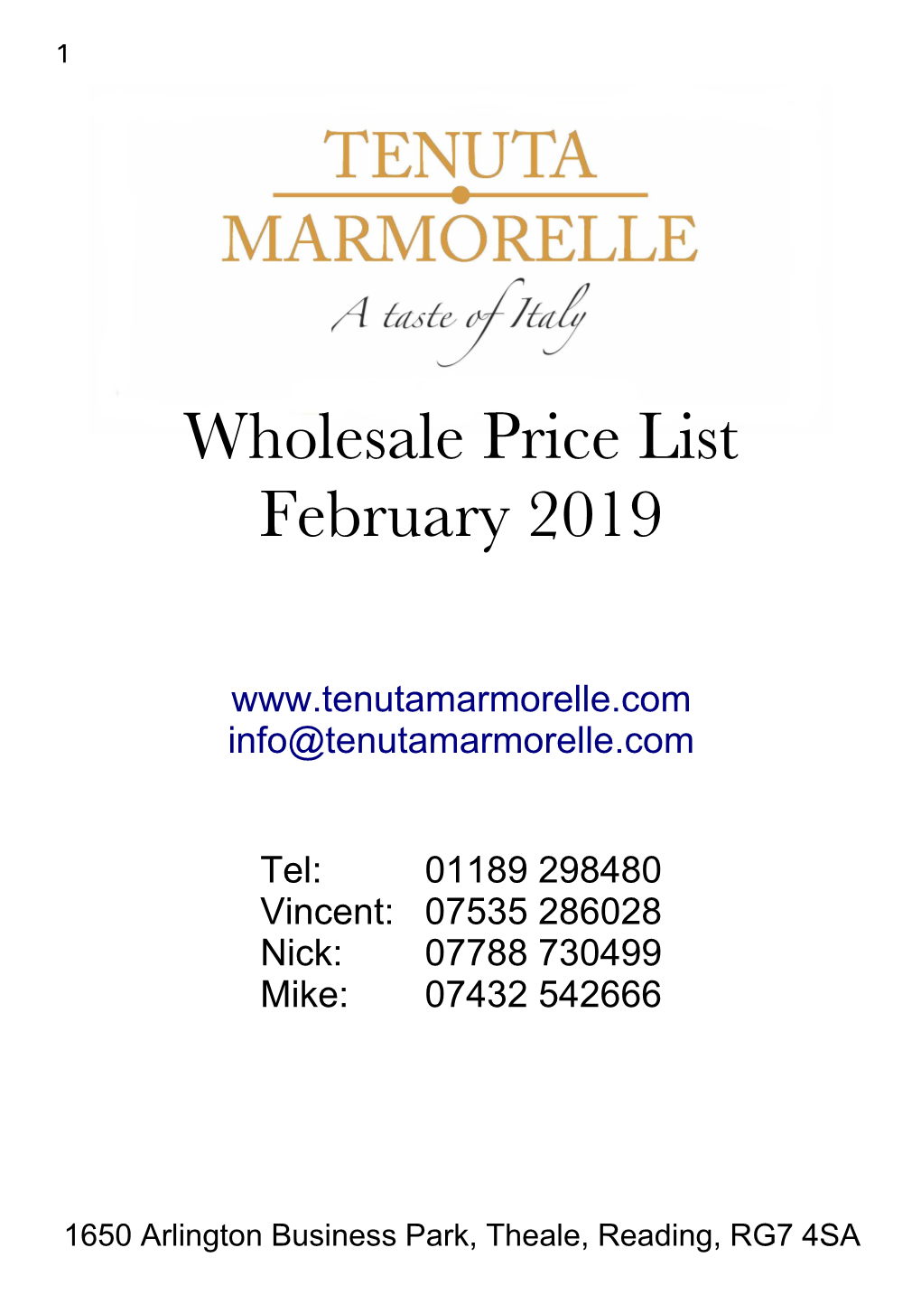 Wholesale Price List February 2019