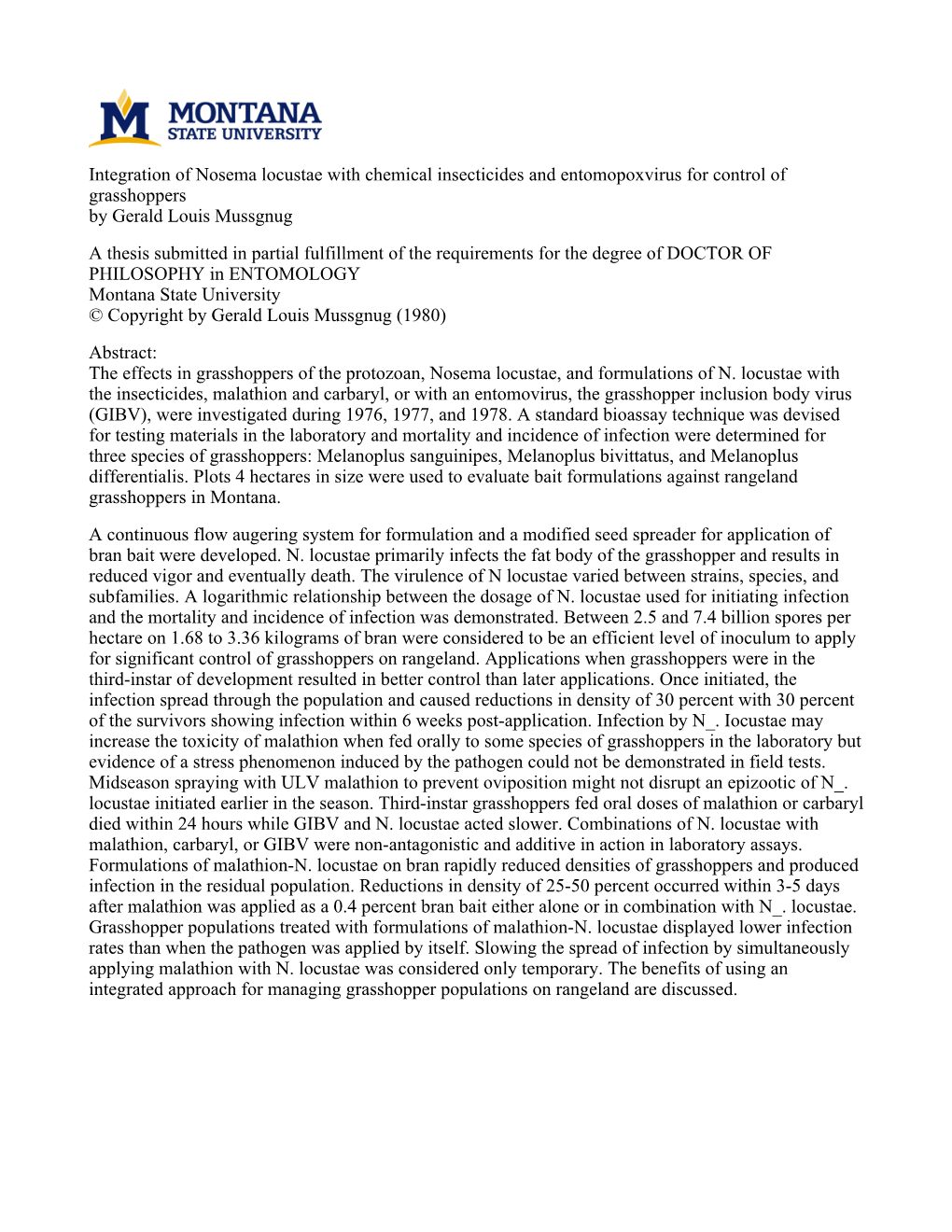 Integration of Nosema Locustae with Chemical Insecticides And