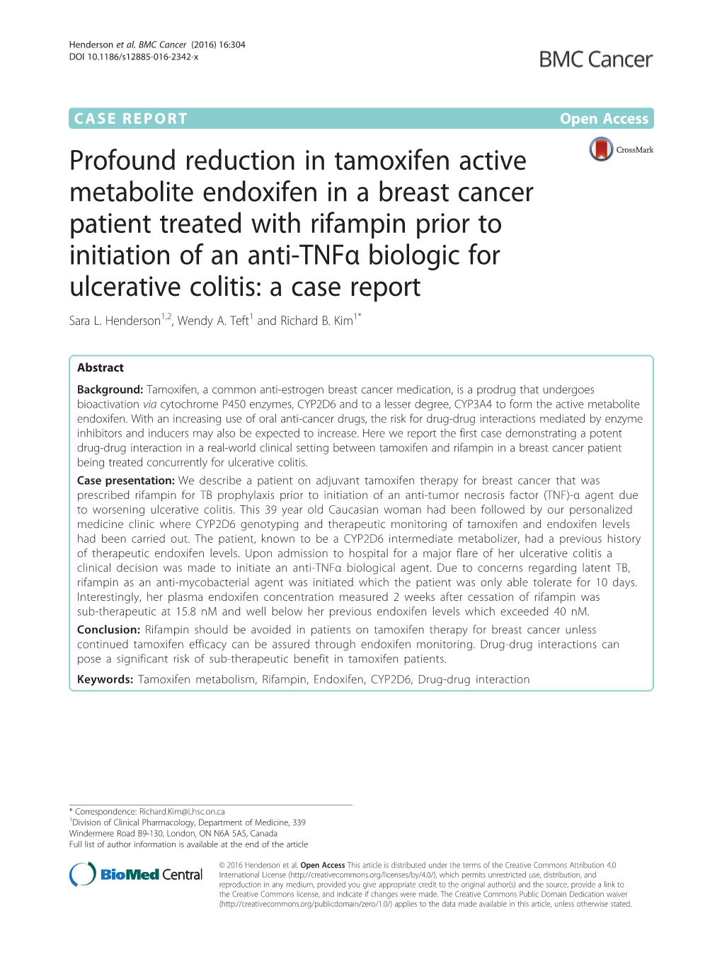 Profound Reduction in Tamoxifen Active Metabolite Endoxifen in a Breast