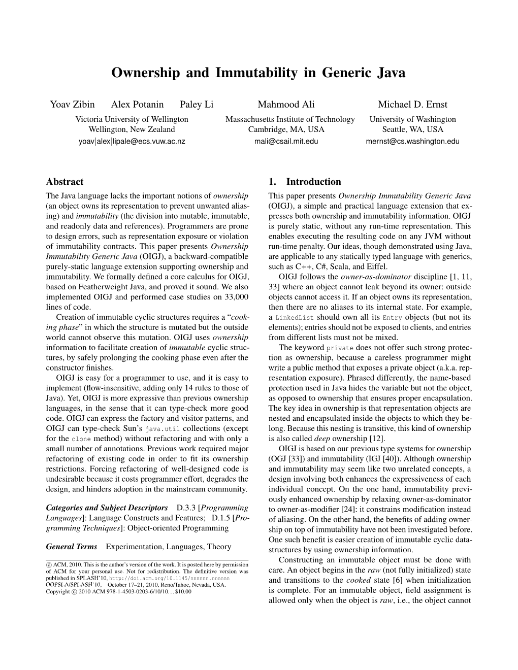 Ownership and Immutability in Generic Java