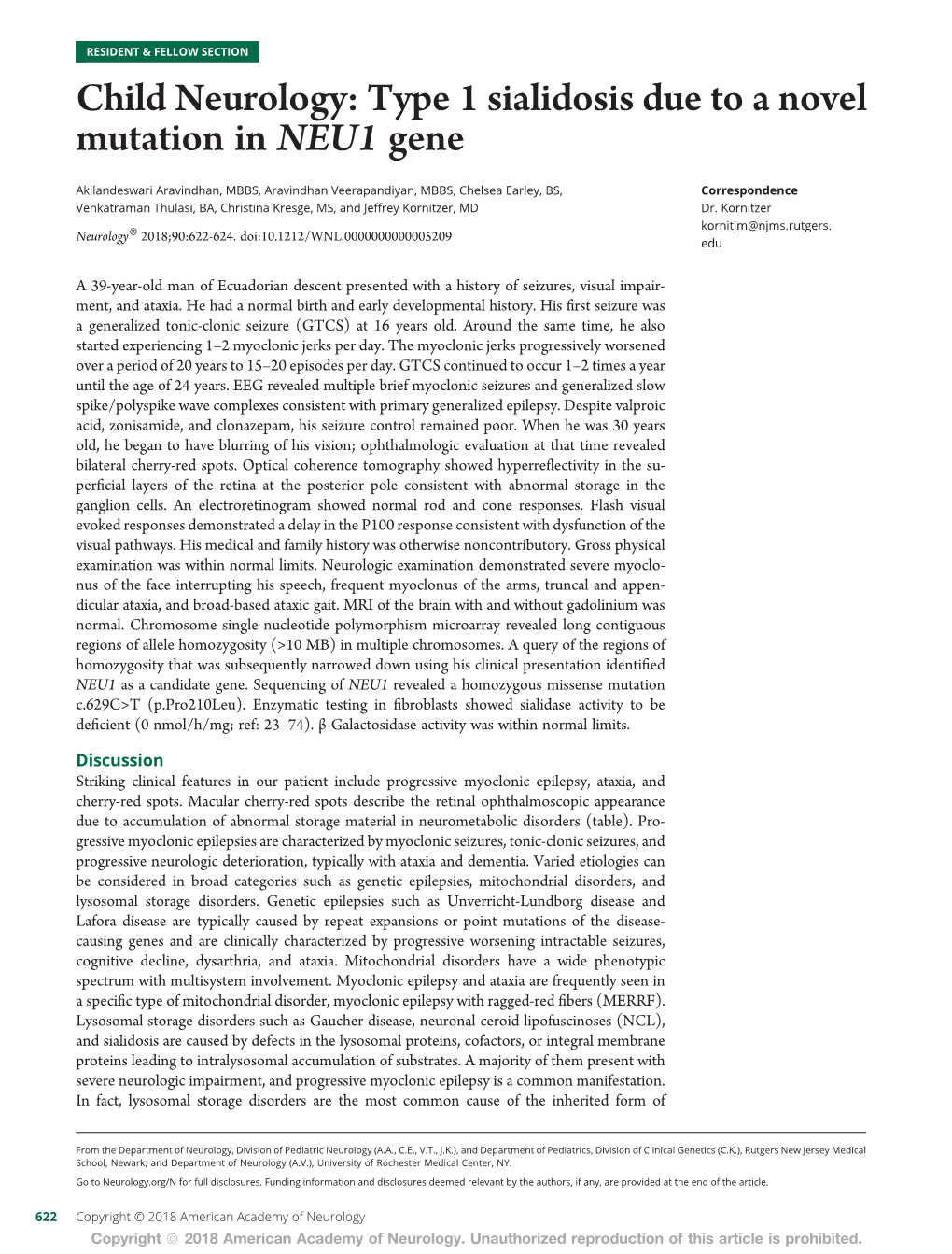 Child Neurology: Type 1 Sialidosis Due to a Novel Mutation in NEU1 Gene