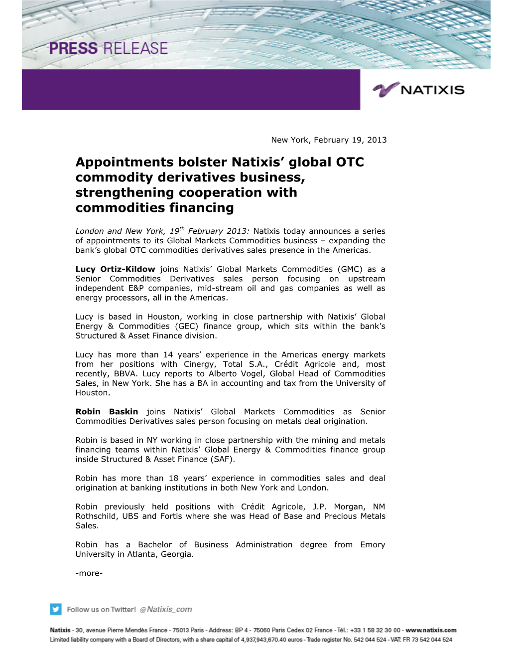 Appointments Bolster Natixis' Global OTC Commodity Derivatives