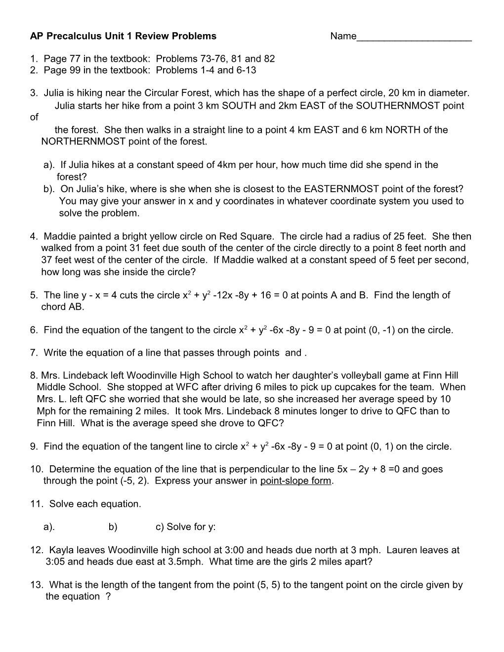 AP Precalculus Unit 1 Review Problems Name______