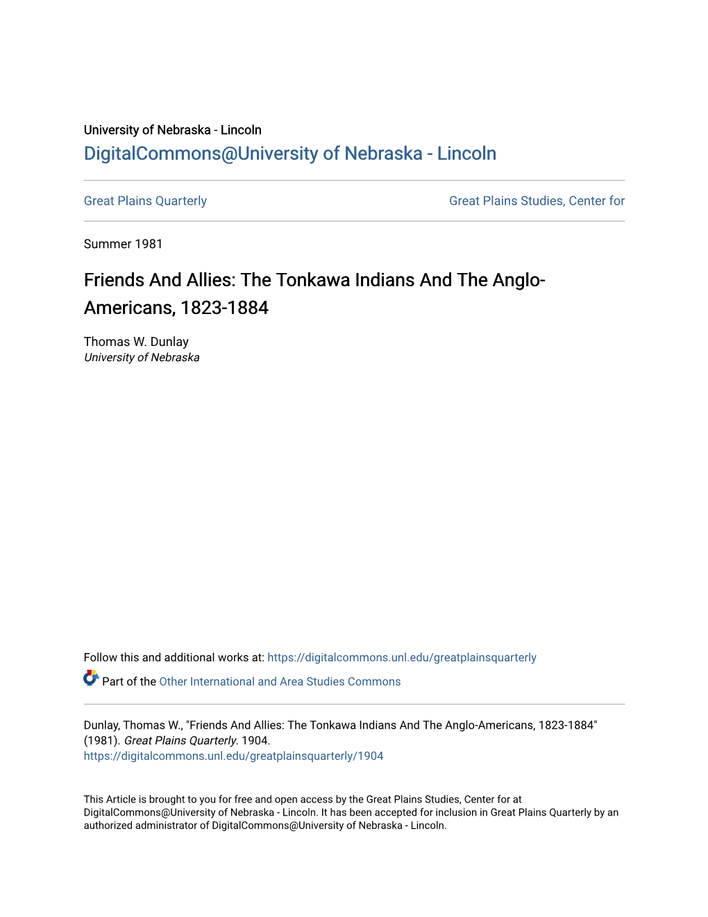 Friends and Allies: the Tonkawa Indians and the Anglo-Americans, 1823-1884