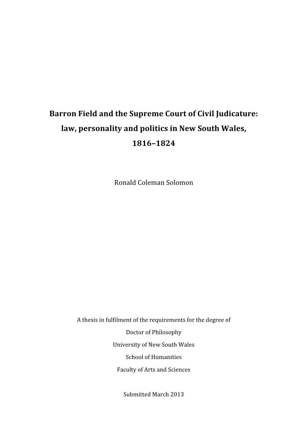 Barron Field and the Supreme Court of Civil Judicature: Law, Personality and Politics in New South Wales, 1816–1824