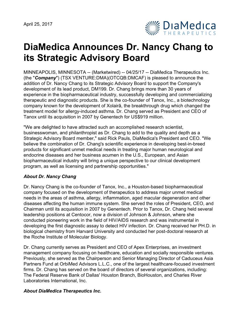 Diamedica Announces Dr. Nancy Chang to Its Strategic Advisory Board