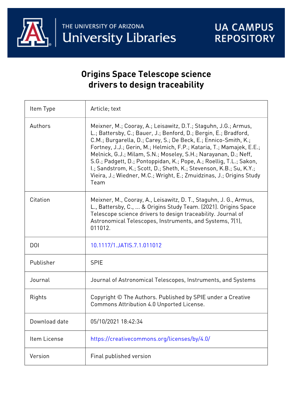 Origins Space Telescope Science Drivers to Design Traceability
