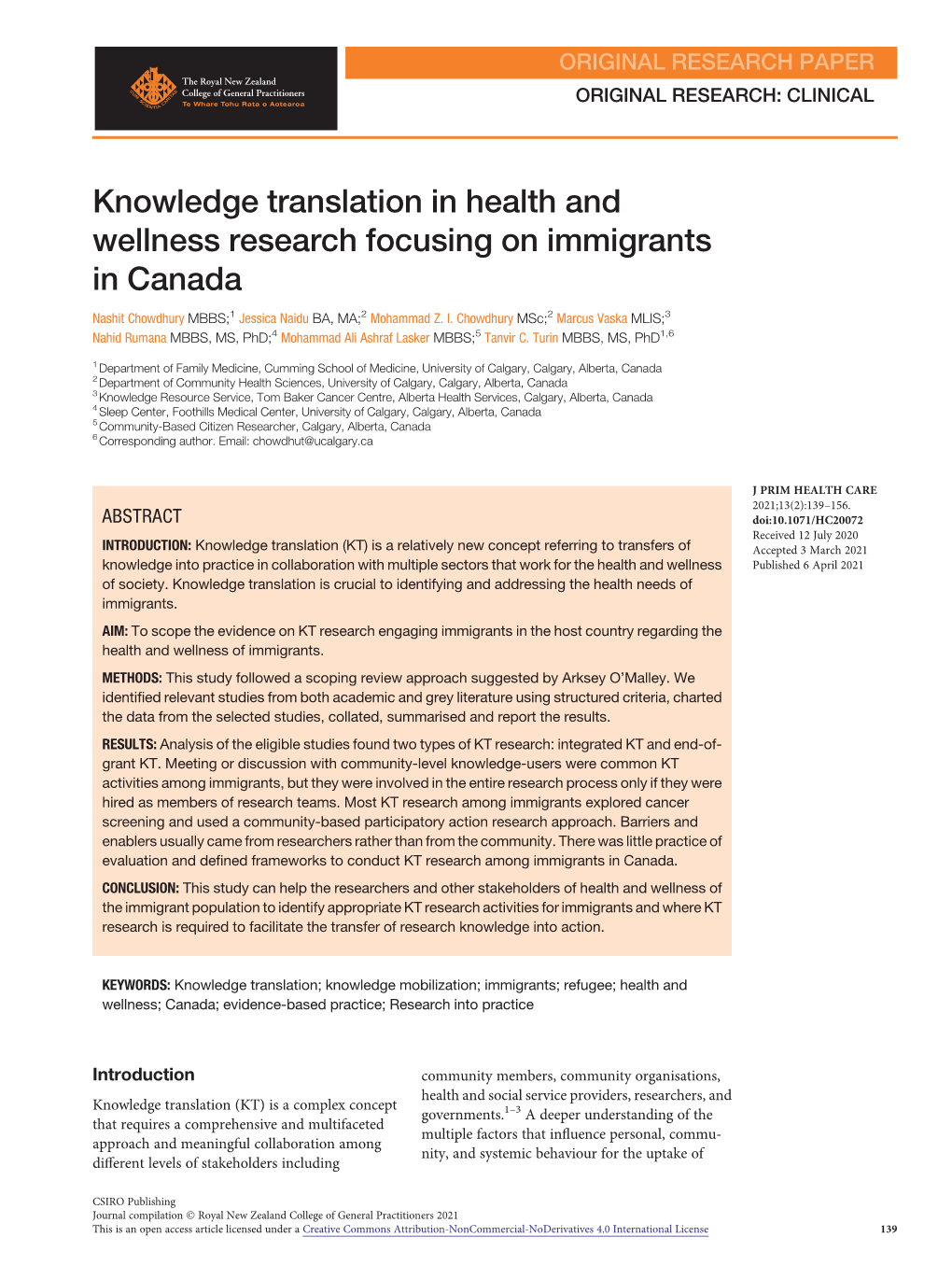 Knowledge Translation in Health and Wellness Research Focusing on Immigrants in Canada