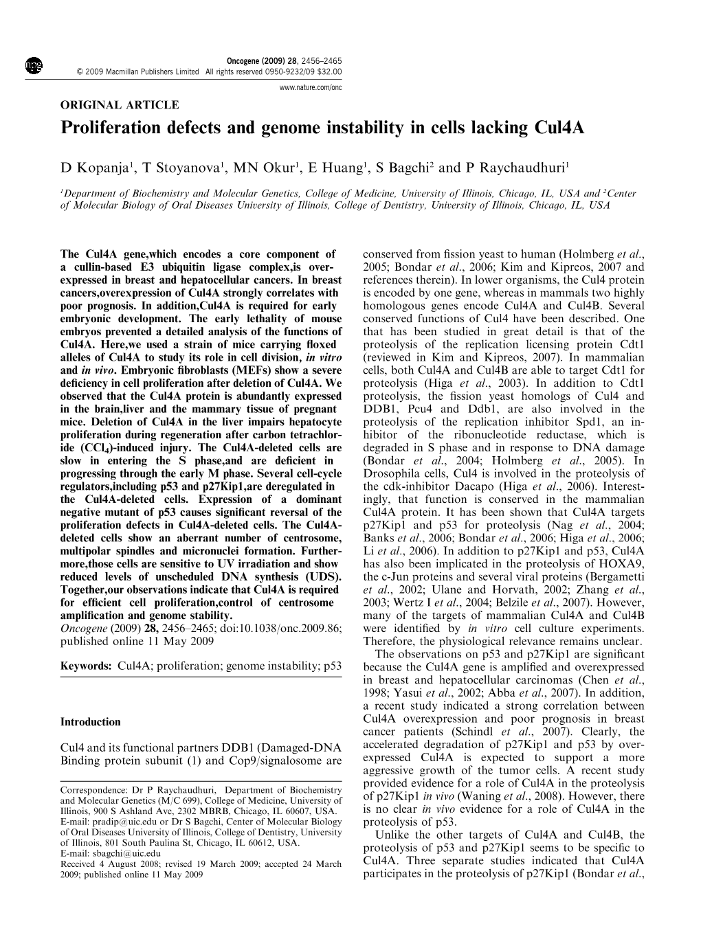Proliferation Defects and Genome Instability in Cells Lacking Cul4a