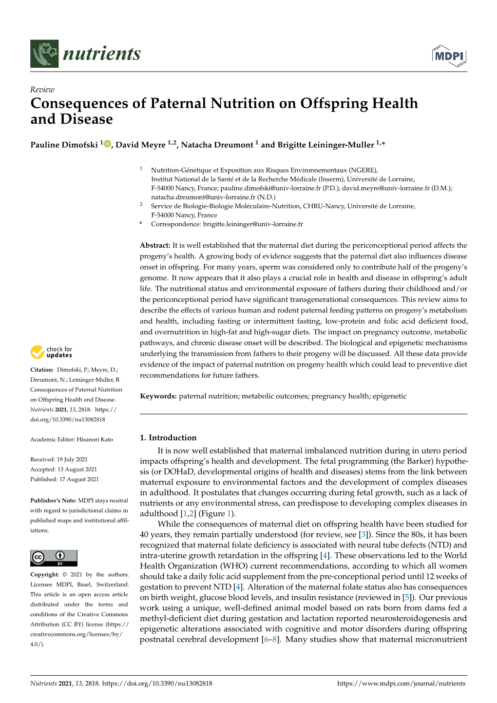 Consequences of Paternal Nutrition on Offspring Health and Disease