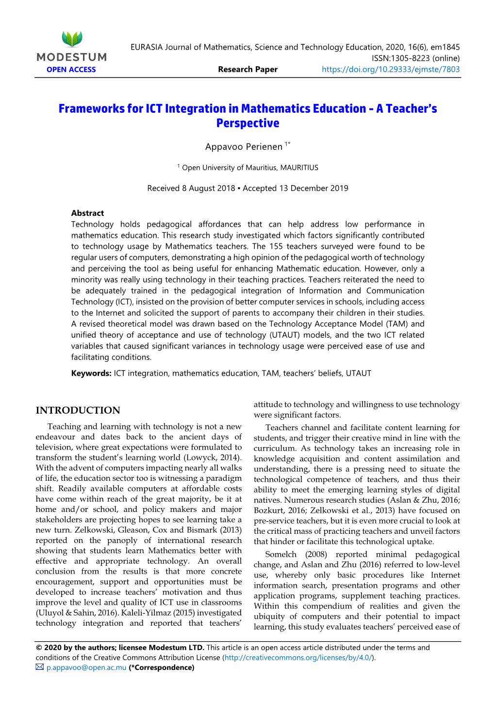 Frameworks for ICT Integration in Mathematics Education - a Teacher’S Perspective