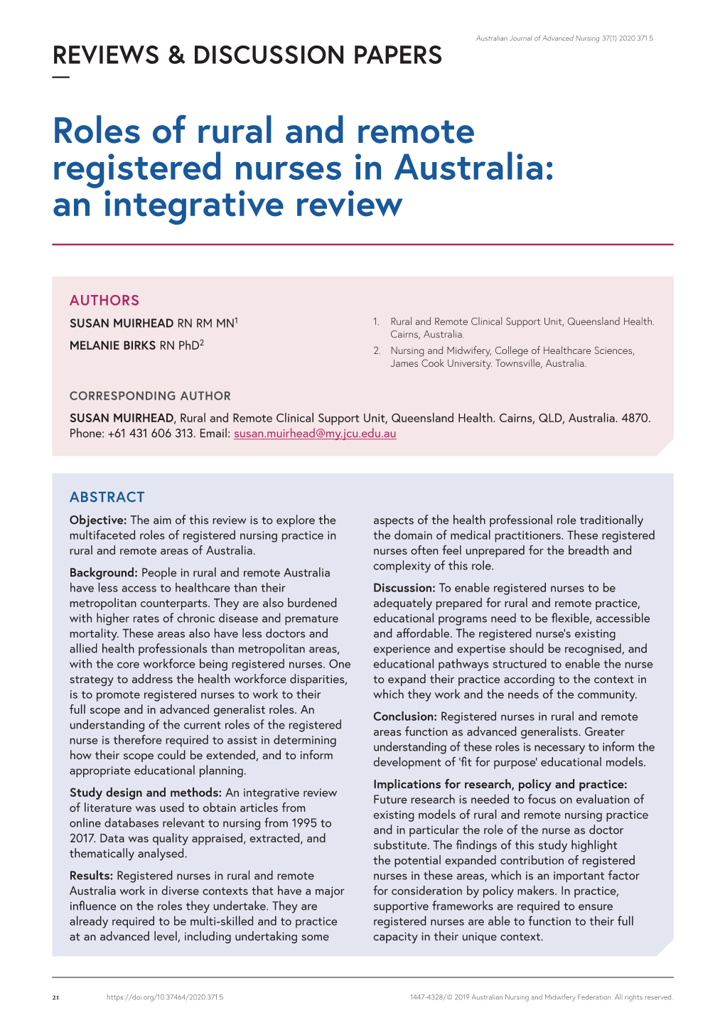 Roles of Rural and Remote Registered Nurses in Australia: an Integrative Review