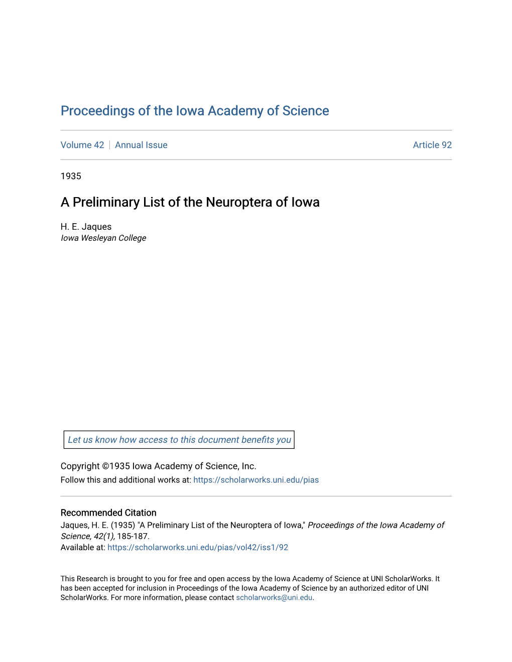 A Preliminary List of the Neuroptera of Iowa