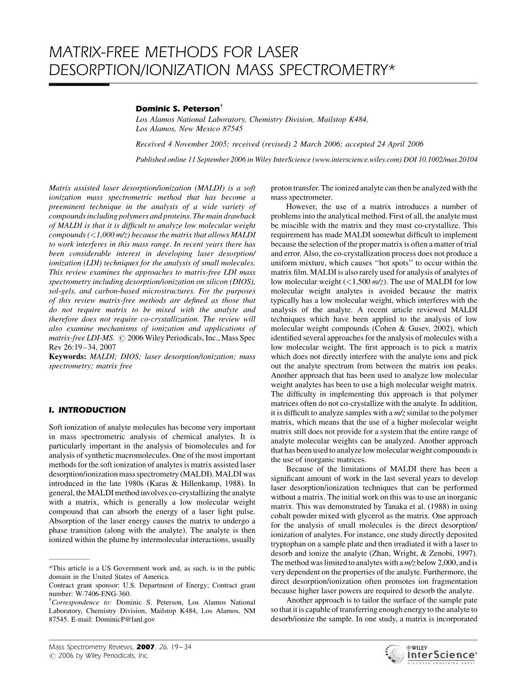 Matrix-Free Methods for Laser Desorption/Ionization Mass Spectrometry*