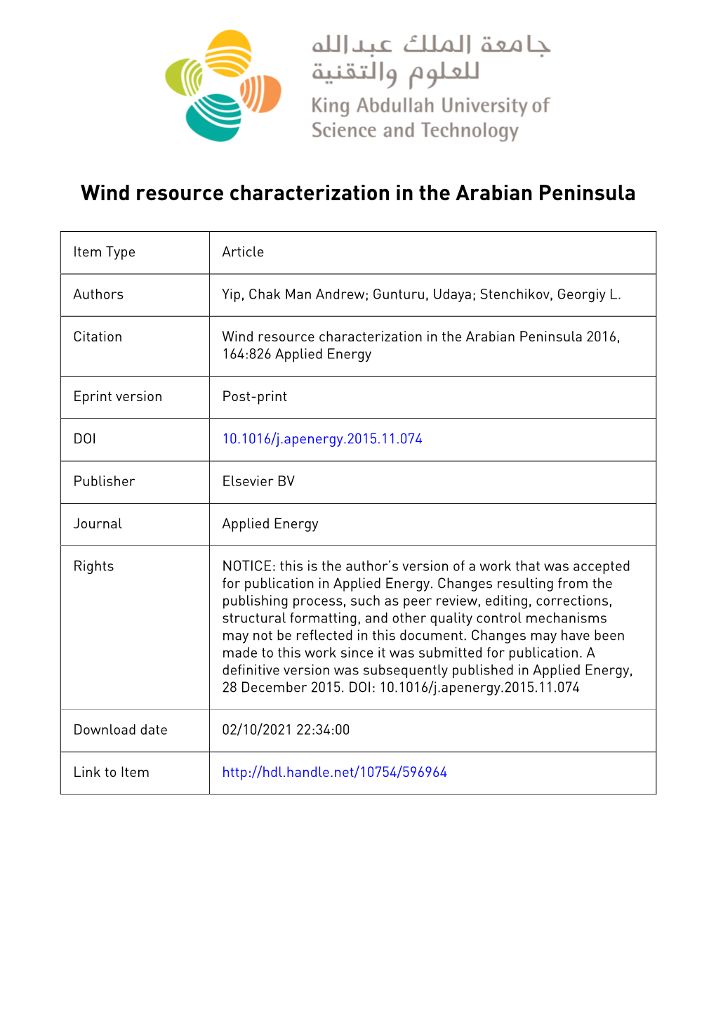 Wind Resource Characterization in the Arabian Peninsula