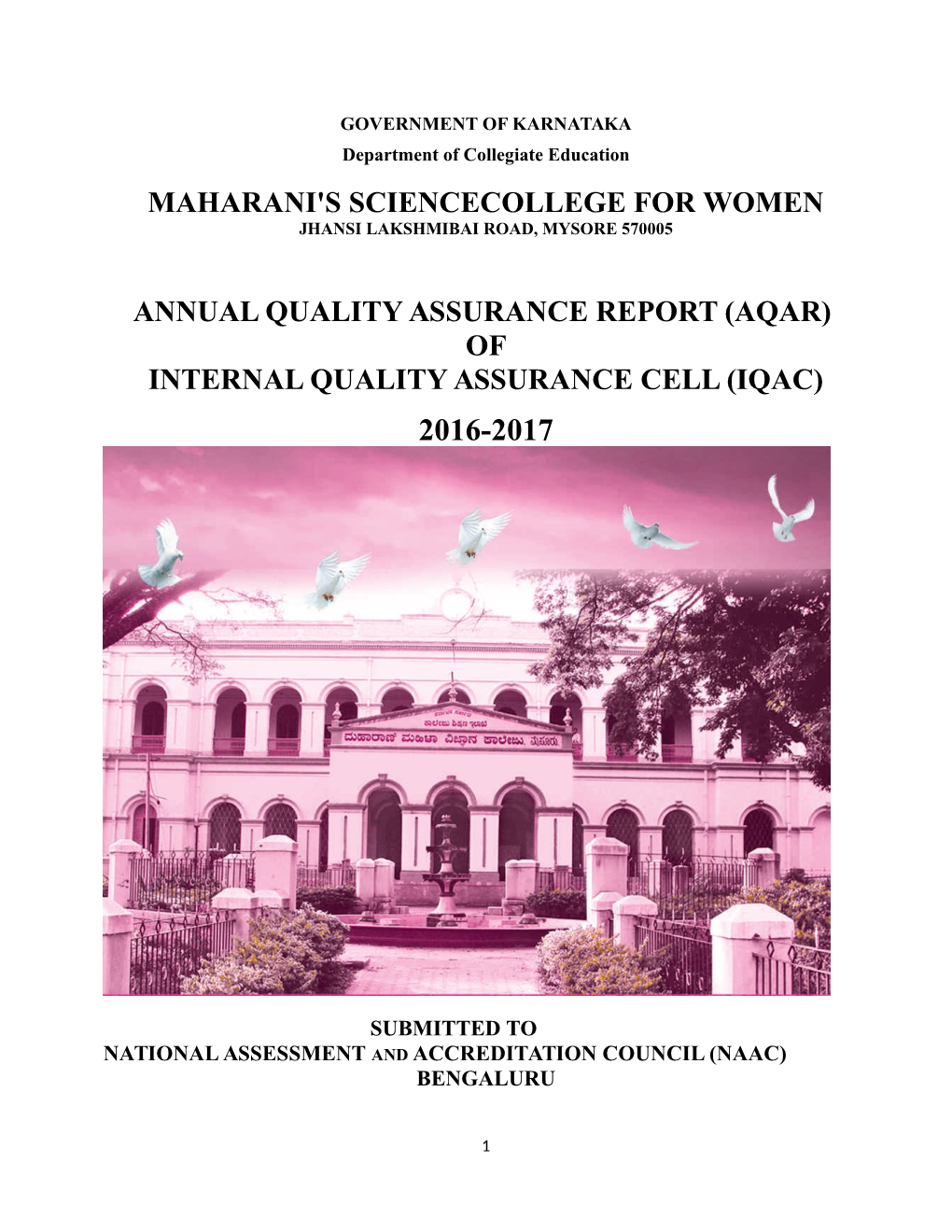 Maharani's Sciencecollege for Women Annual Quality Assurance Report (Aqar) of Internal Quality Assurance Cell (Iqac)