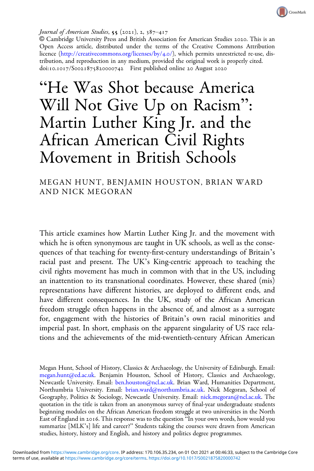 Martin Luther King Jr. and the African American Civil Rights Movement in British Schools