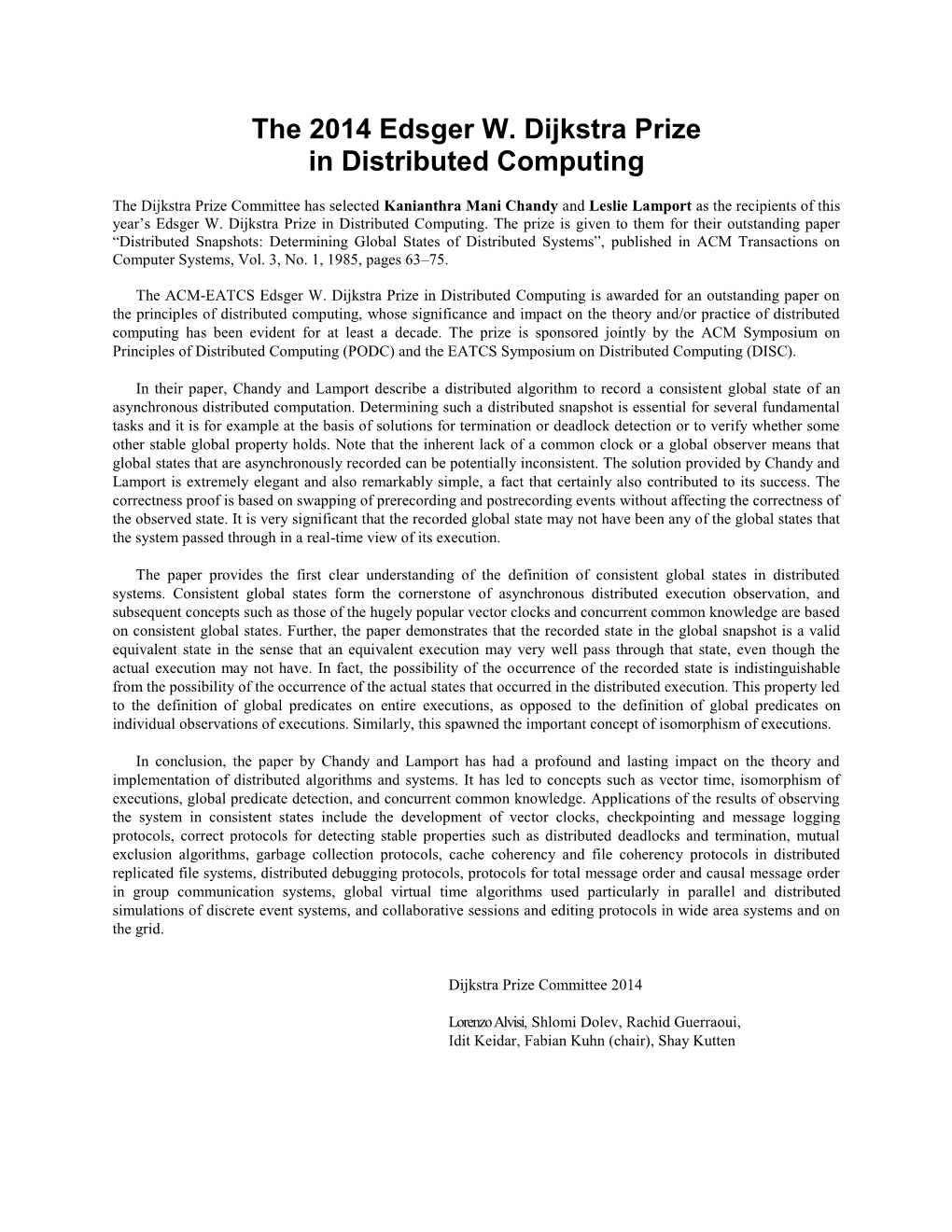 The 2014 Edsger W. Dijkstra Prize in Distributed Computing