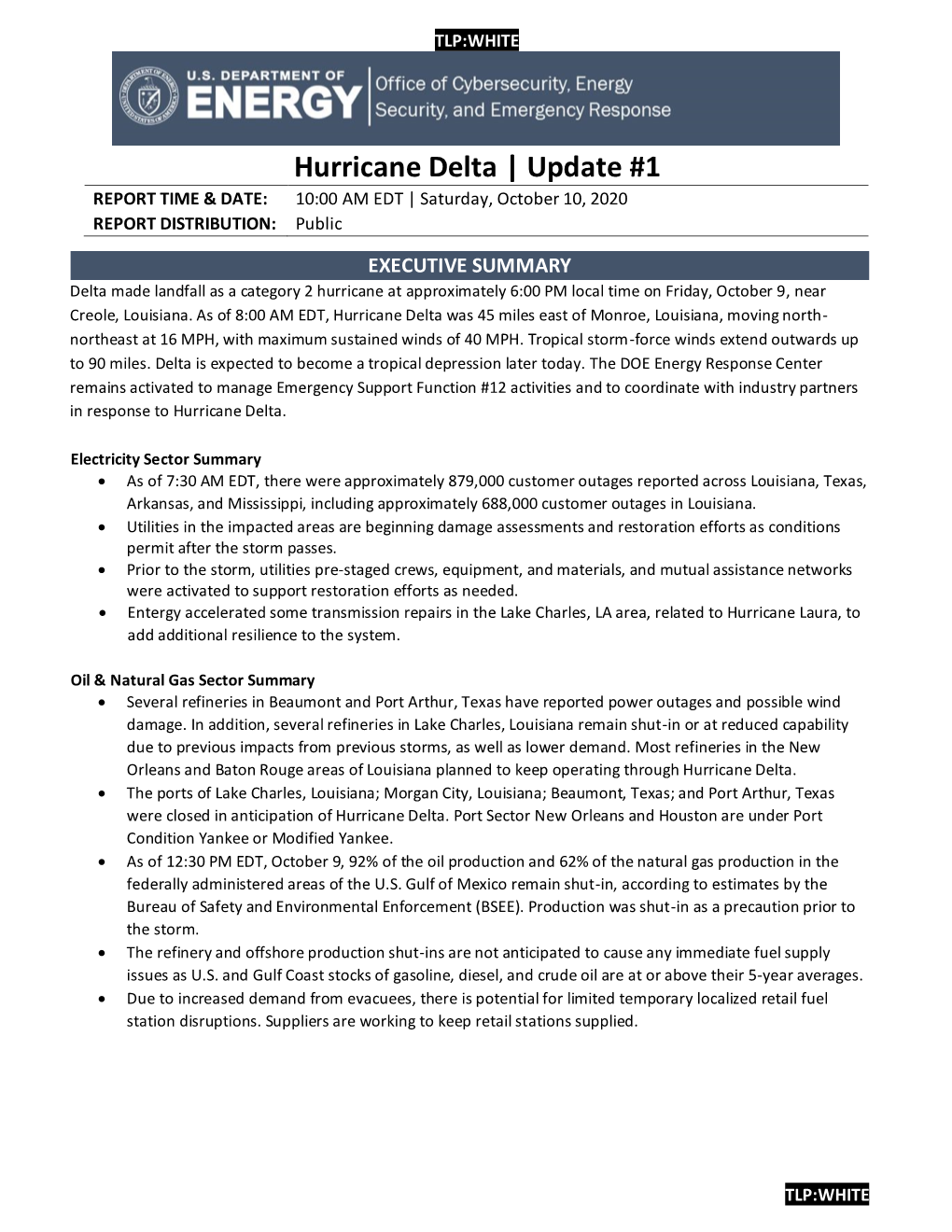 DOE Situation Report for Hurricane Delta