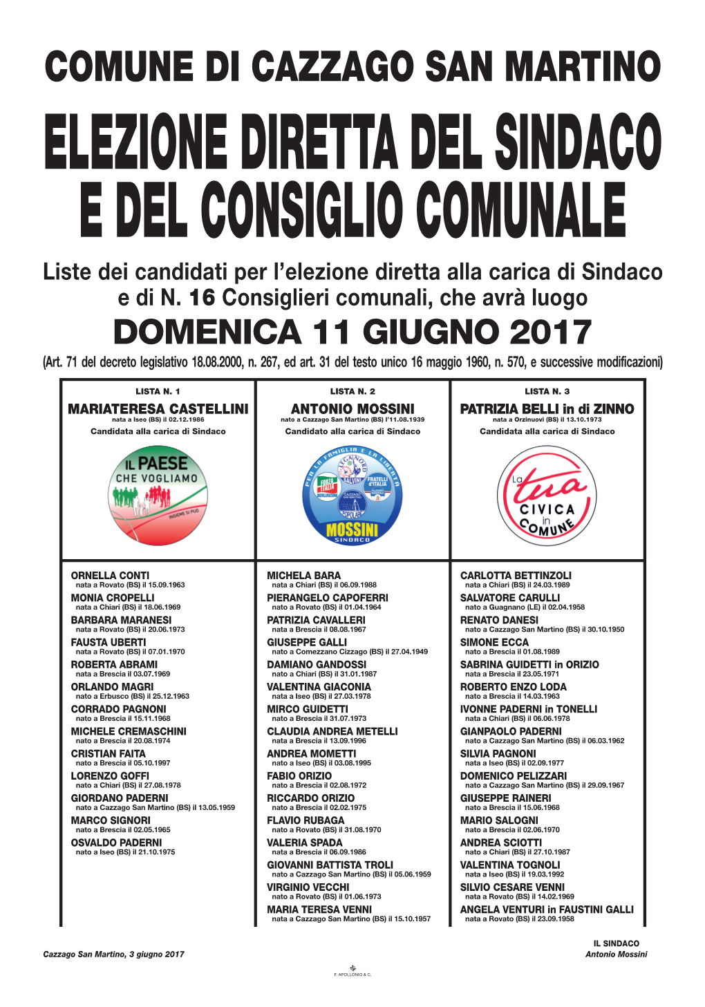 Liste Dei Candidati Per L'elezione Diretta Alla Carica Di Sindaco E Di N