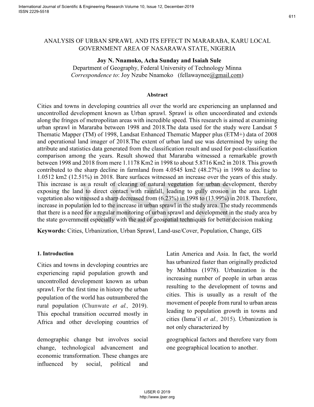 ANALYSIS of URBAN SPRAWL and ITS EFFECT in MARARABA, KARU LOCAL GOVERNMENT AREA of NASARAWA STATE, NIGERIA Joy N