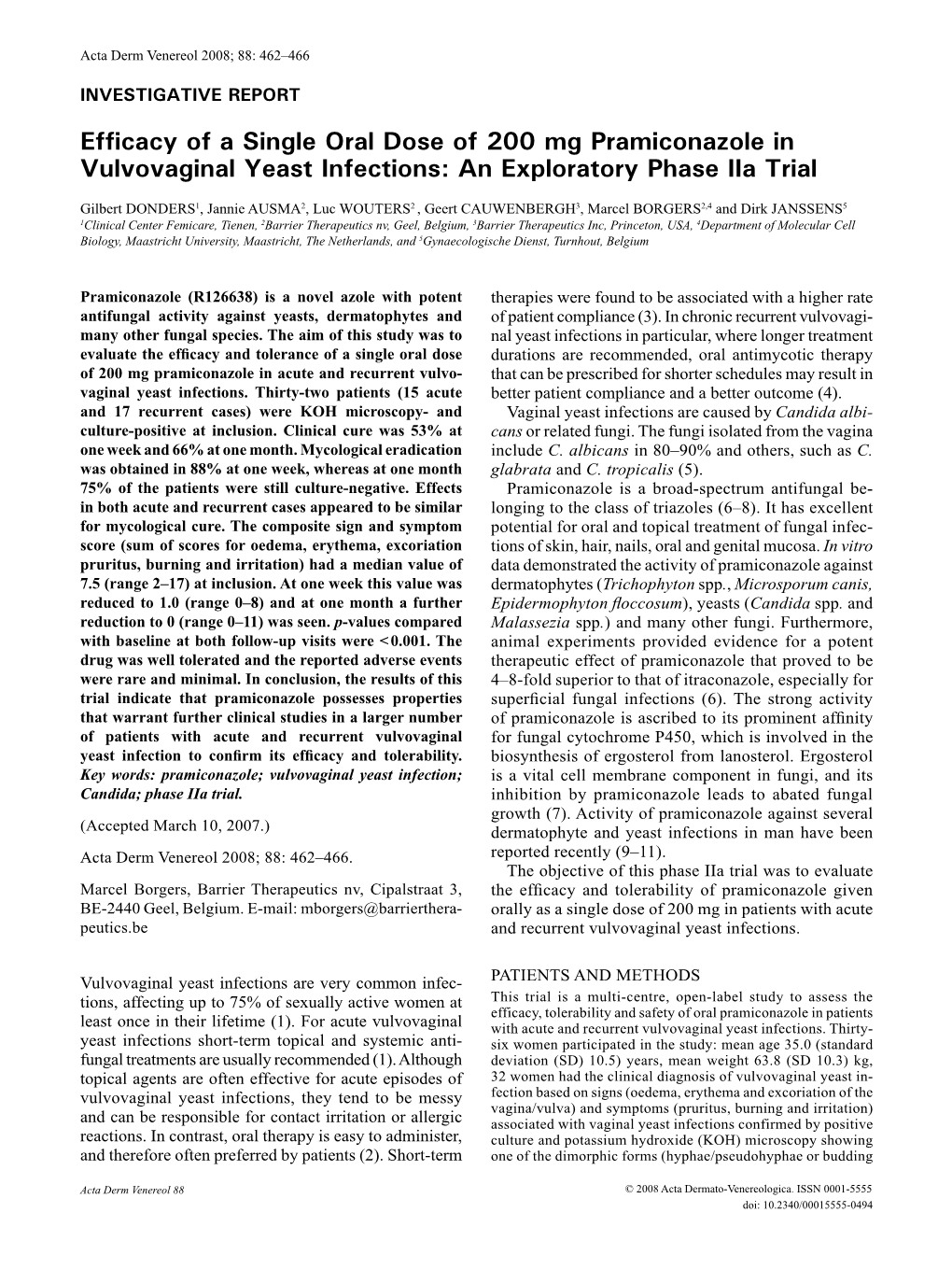 Efficacy of a Single Oral Dose of 200 Mg Pramiconazole in Vulvovaginal Yeast Infections: an Exploratory Phase Iia Trial