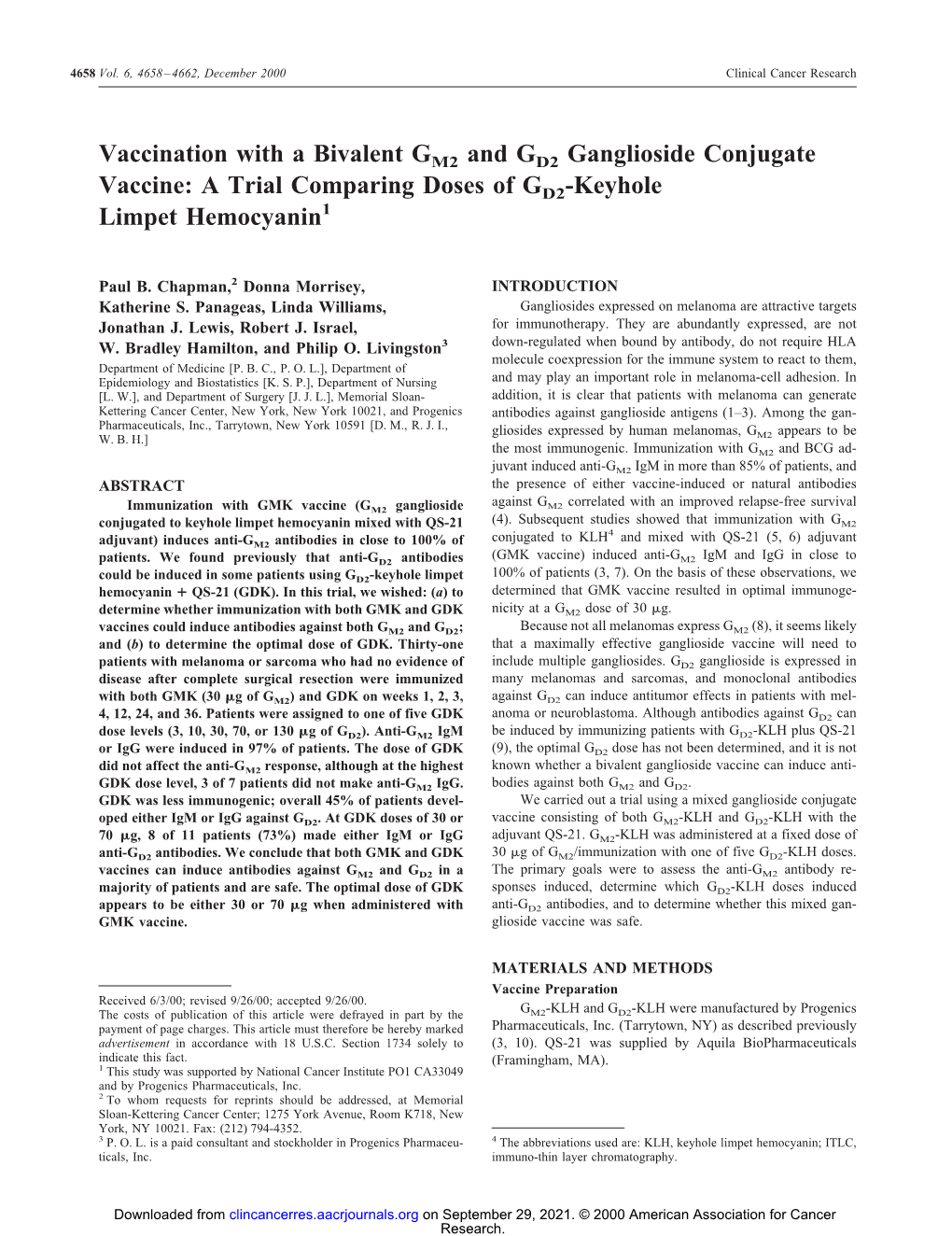 Vaccination with a Bivalent GM2 and GD2 Ganglioside Conjugate Vaccine: a Trial Comparing Doses of GD2-Keyhole Limpet Hemocyanin1