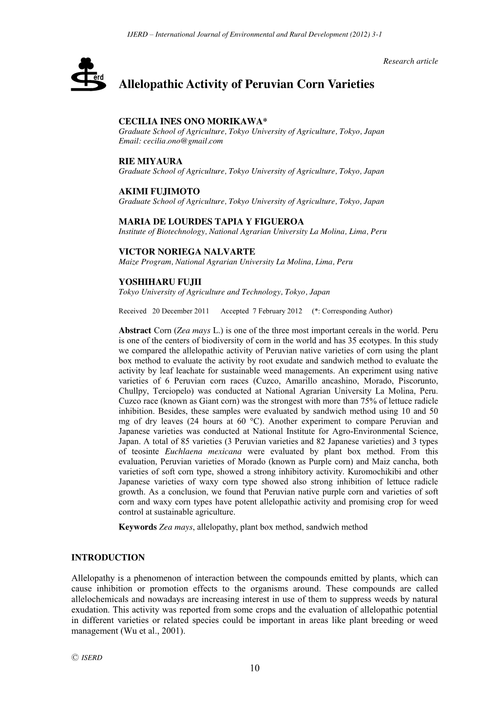 Allelopathic Activity of Peruvian Corn Varieties