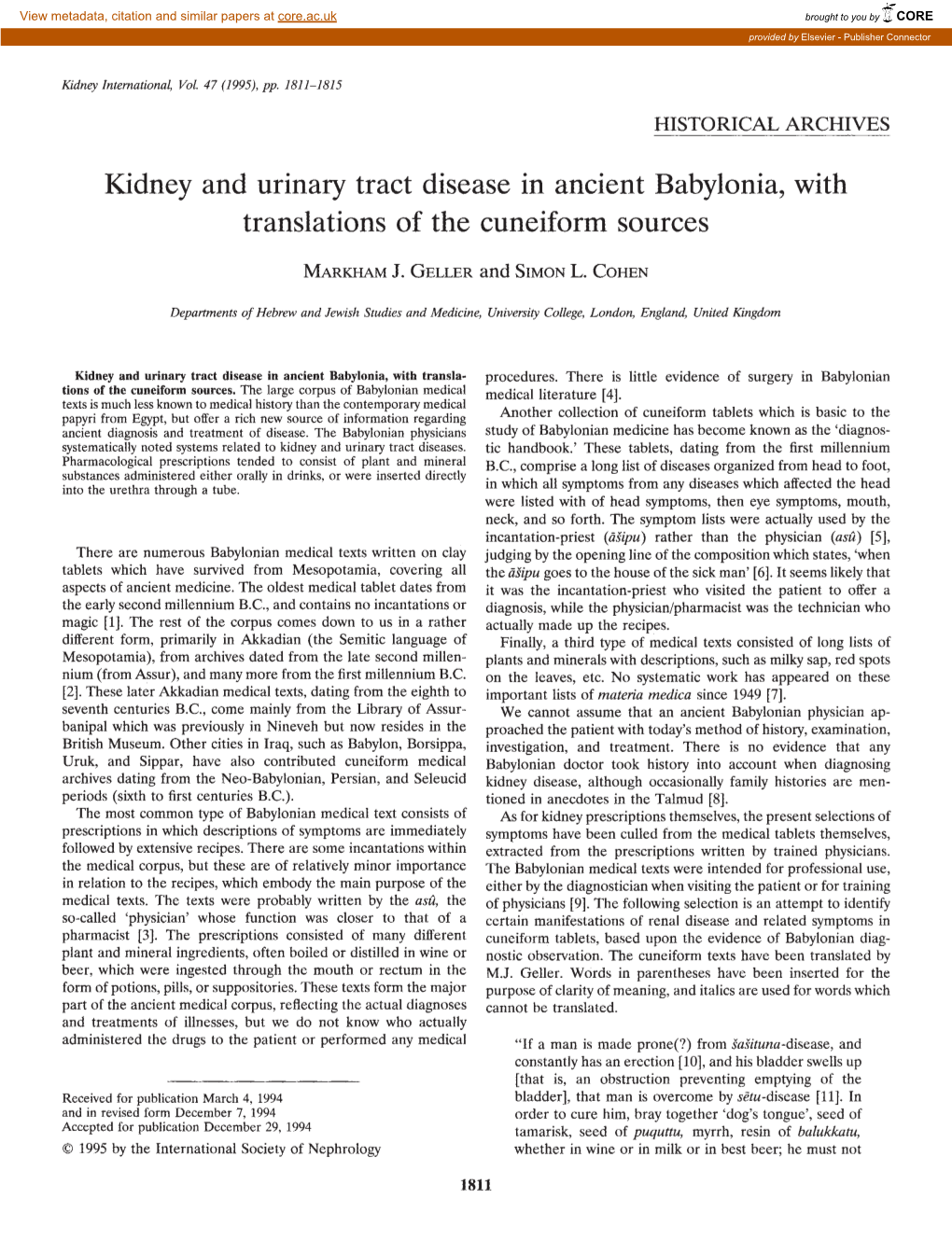 Kidney and Urinary Tract Disease in Ancient Babylonia, with Translations of the Cuneiform Sources