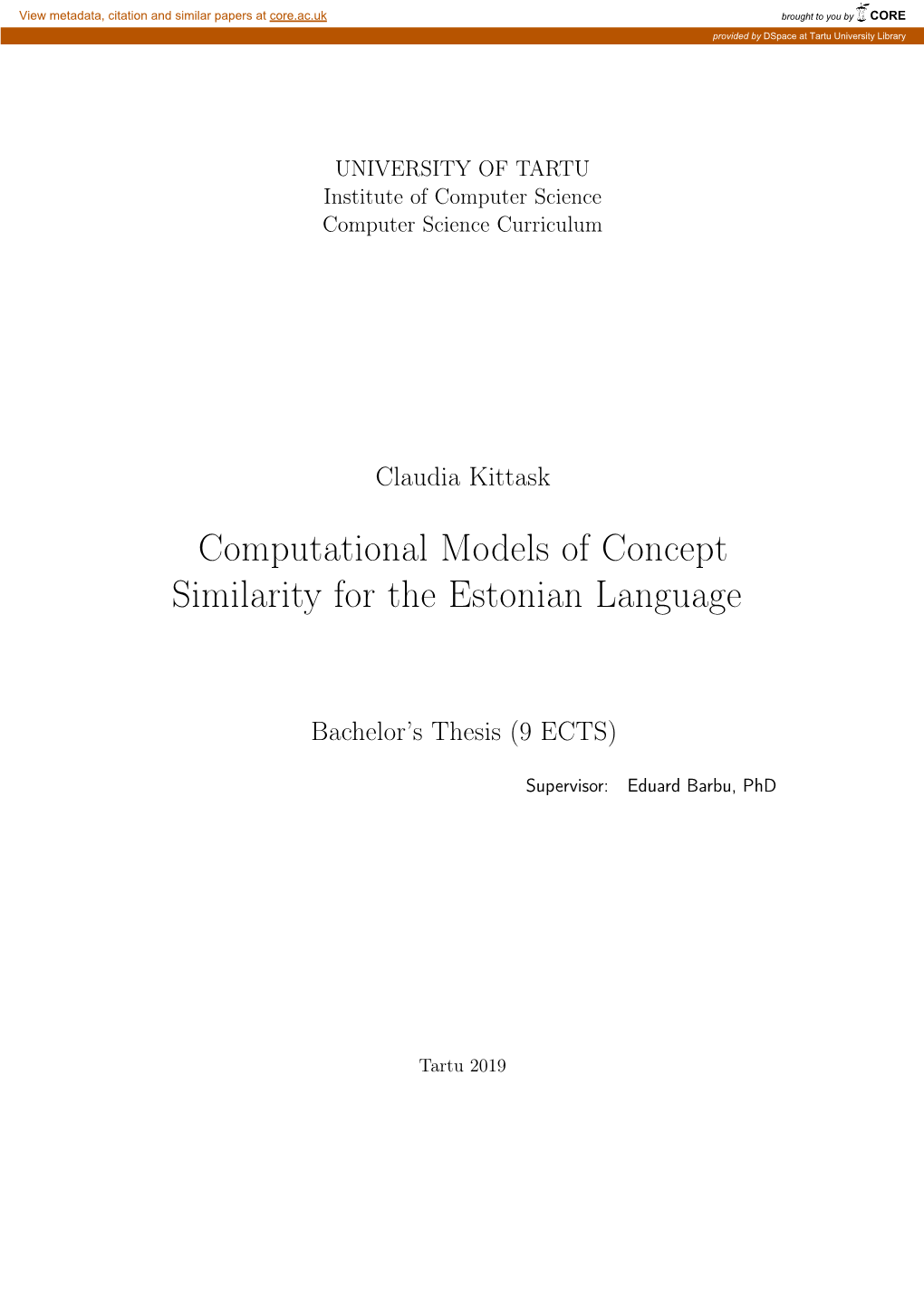 Computational Models of Concept Similarity for the Estonian Language