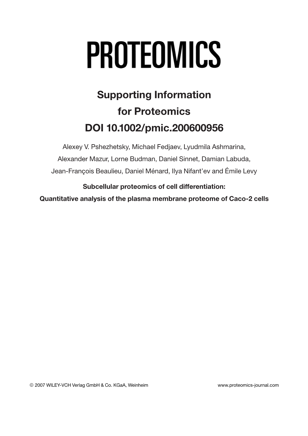 Supporting Information for Proteomics DOI 10.1002/Pmic.200600956