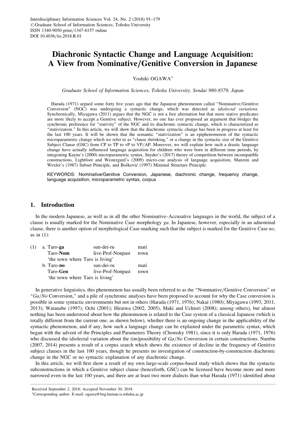 Diachronic Syntactic Change and Language Acquisition: a View from Nominative/Genitive Conversion in Japanese