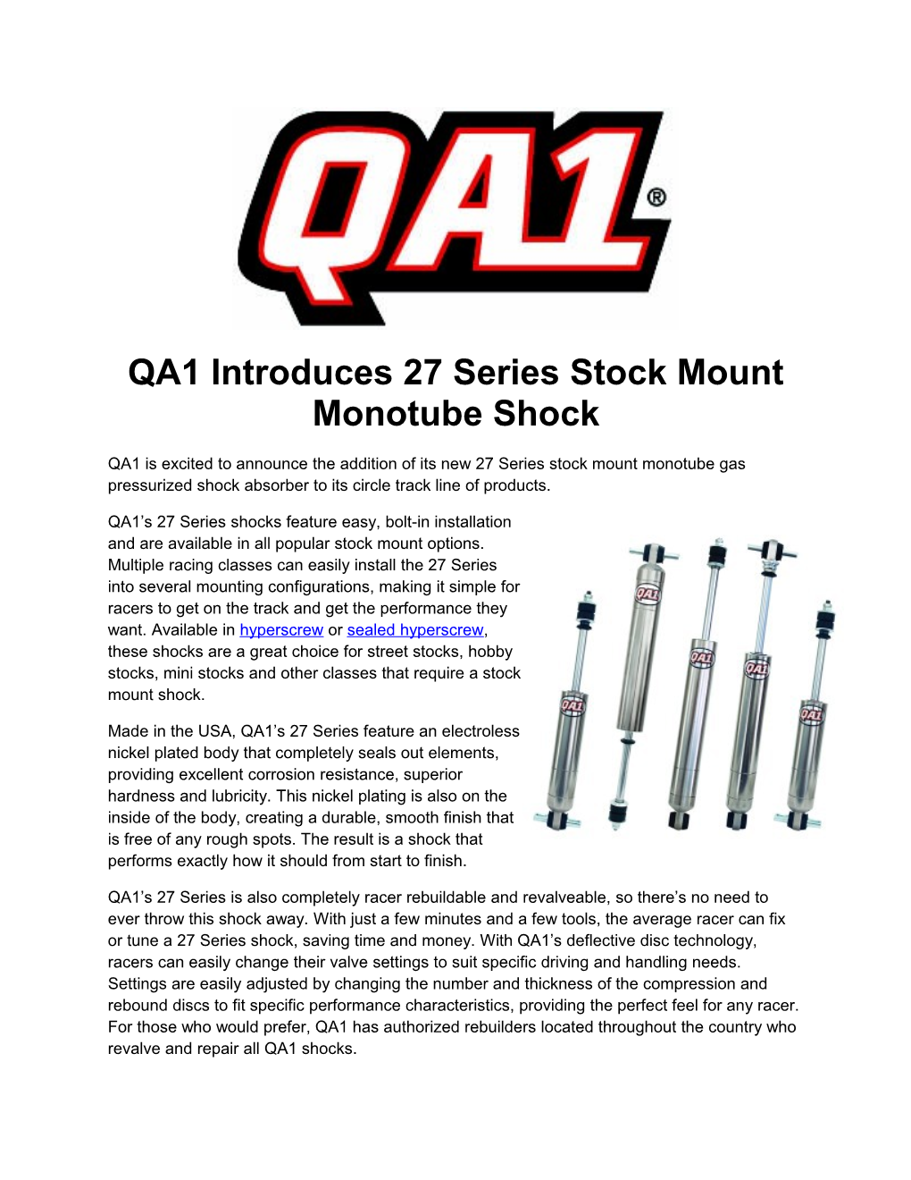 QA1 Introduces 27 Series Stock Mount Monotube Shock