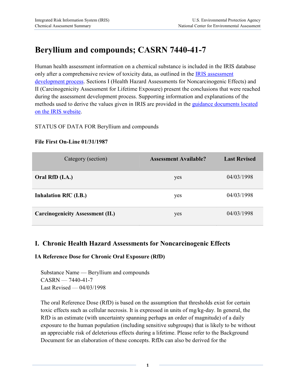 Beryllium and Compounds (CASRN 7440-41-7) | IRIS