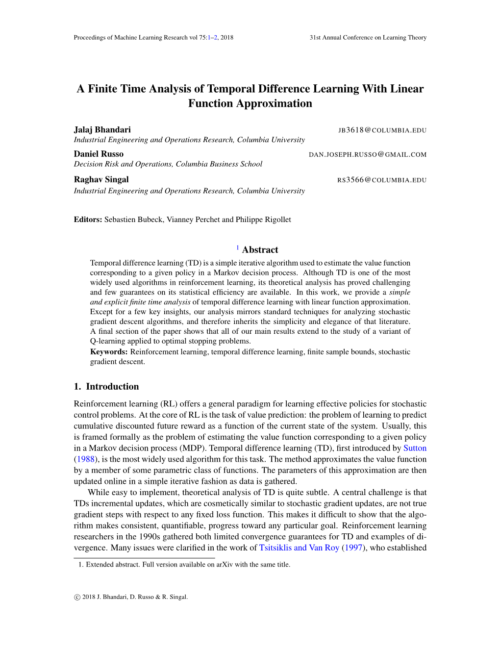 A Finite Time Analysis of Temporal Difference Learning with Linear Function Approximation