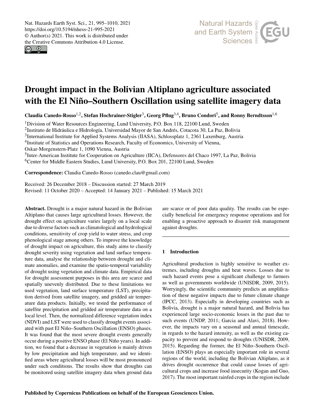 Drought Impact in the Bolivian Altiplano Agriculture Associated with the El Niño–Southern Oscillation Using Satellite Imagery Data