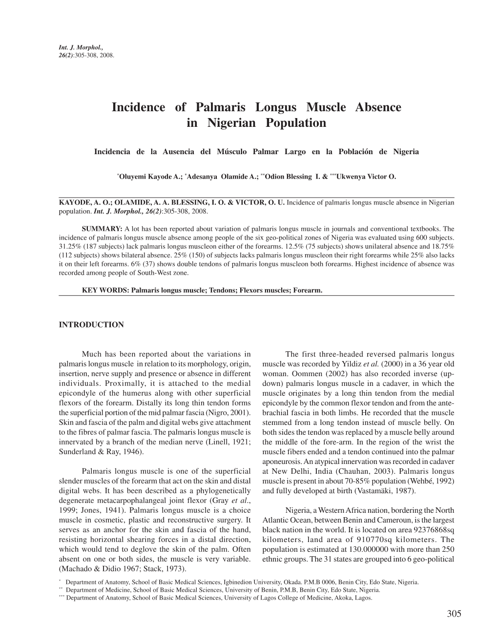 Incidence of Palmaris Longus Muscle Absence in Nigerian Population