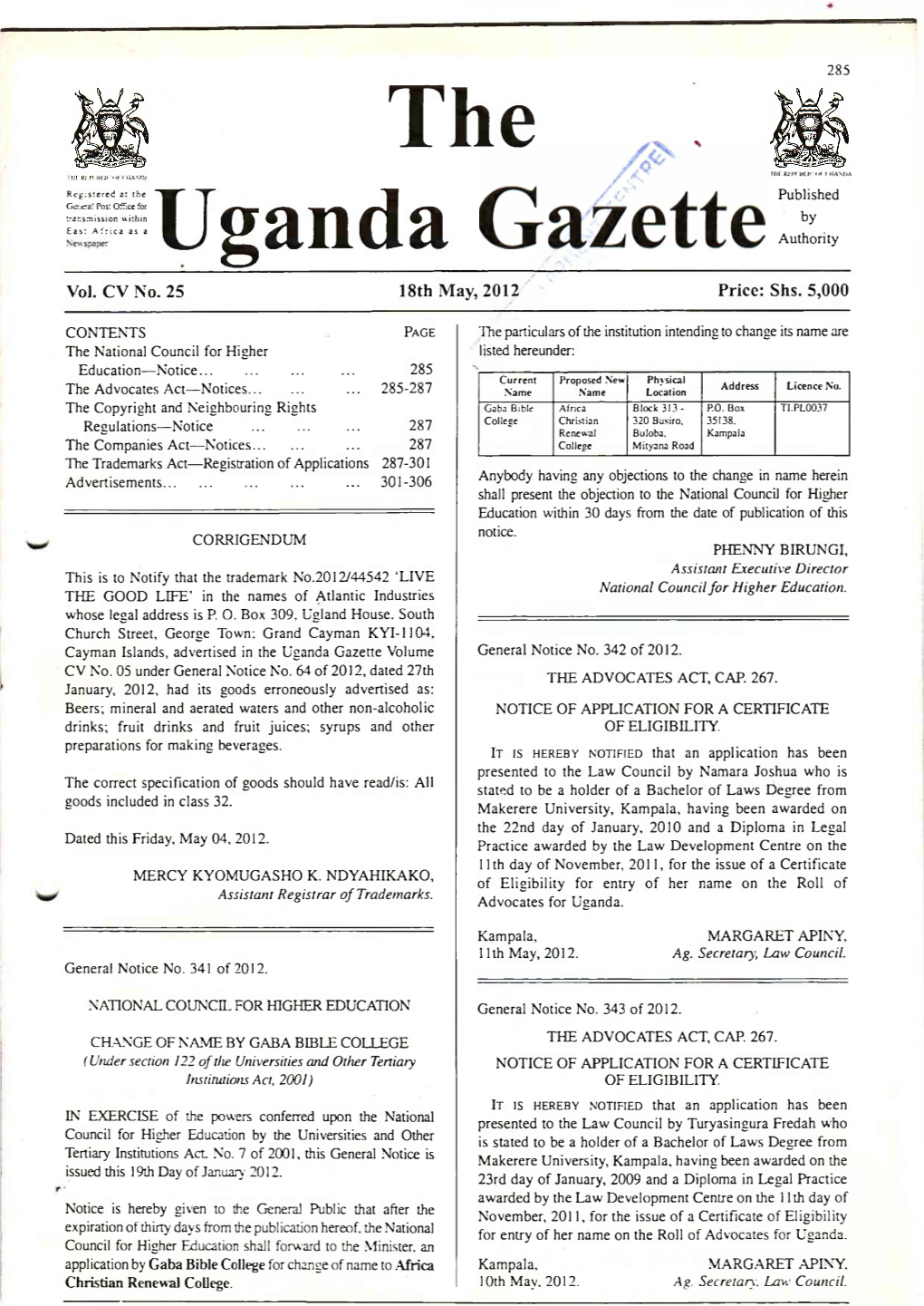 The Uganda Gazette Volume General Notice No