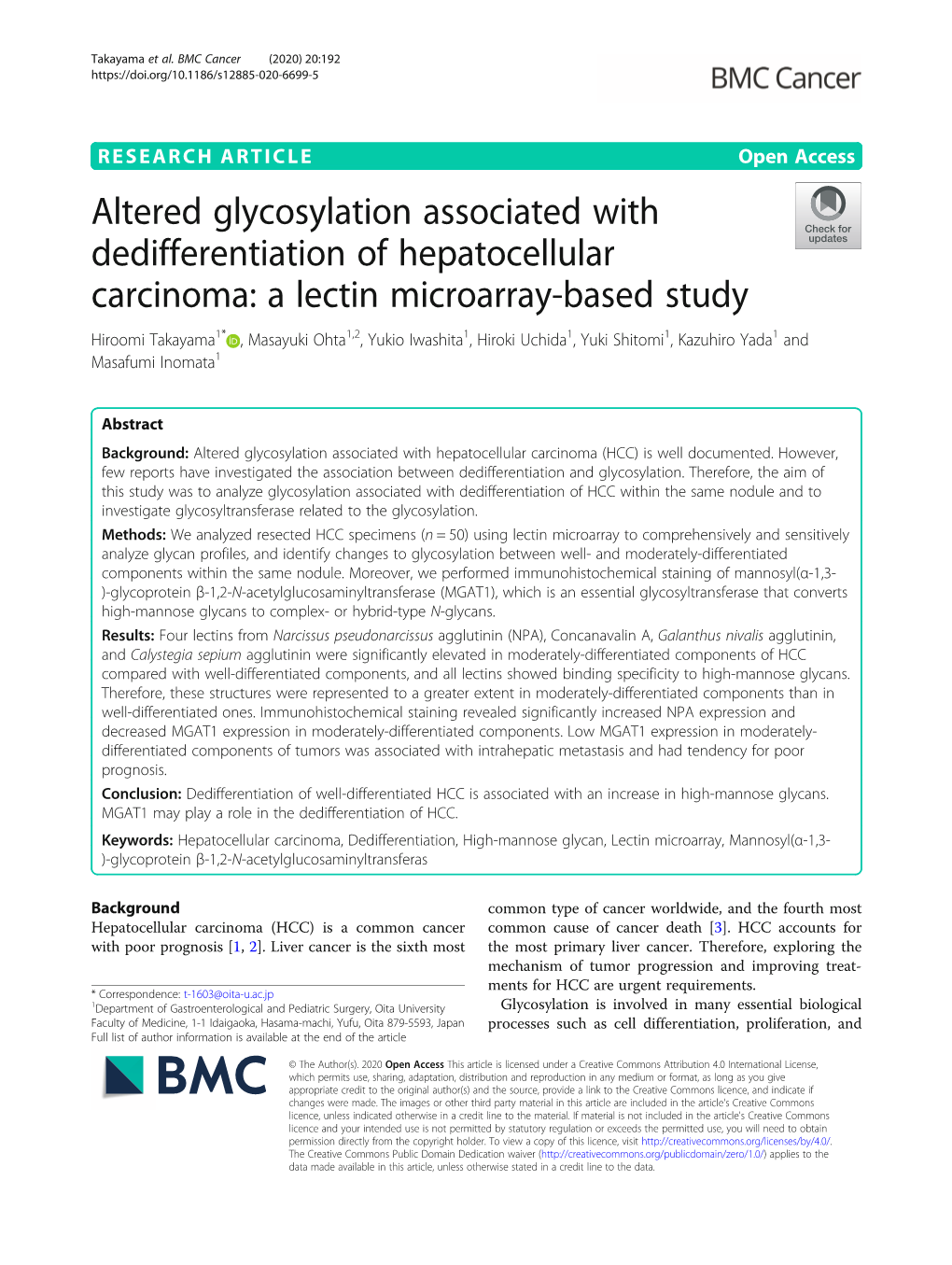 A Lectin Microarray-Based Study Hiroomi Takayama1* , Masayuki Ohta1,2, Yukio Iwashita1, Hiroki Uchida1, Yuki Shitomi1, Kazuhiro Yada1 and Masafumi Inomata1