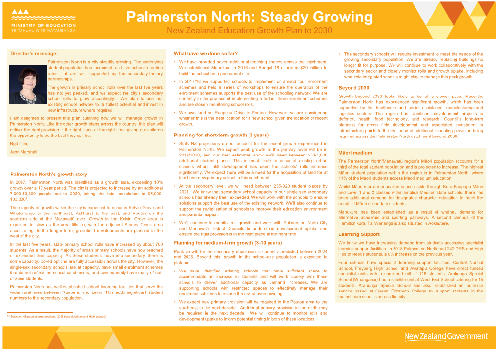 Palmerston North: Steady Growing New Zealand Education Growth Plan to 2030