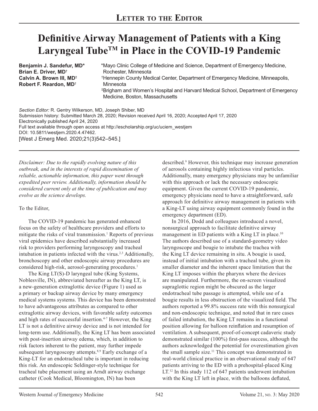 Definitive Airway Management of Patients with a King Laryngeal Tubetm in Place in the COVID-19 Pandemic