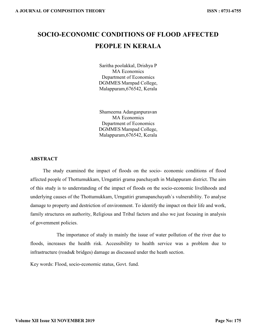 Socio-Economic Conditions of Flood Affected People in Kerala
