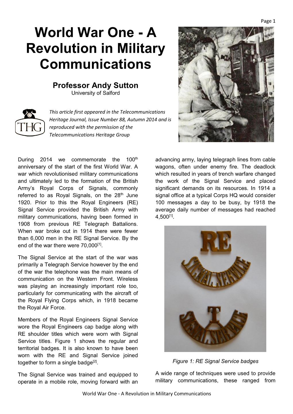 World War One - a Revolution in Military Communications