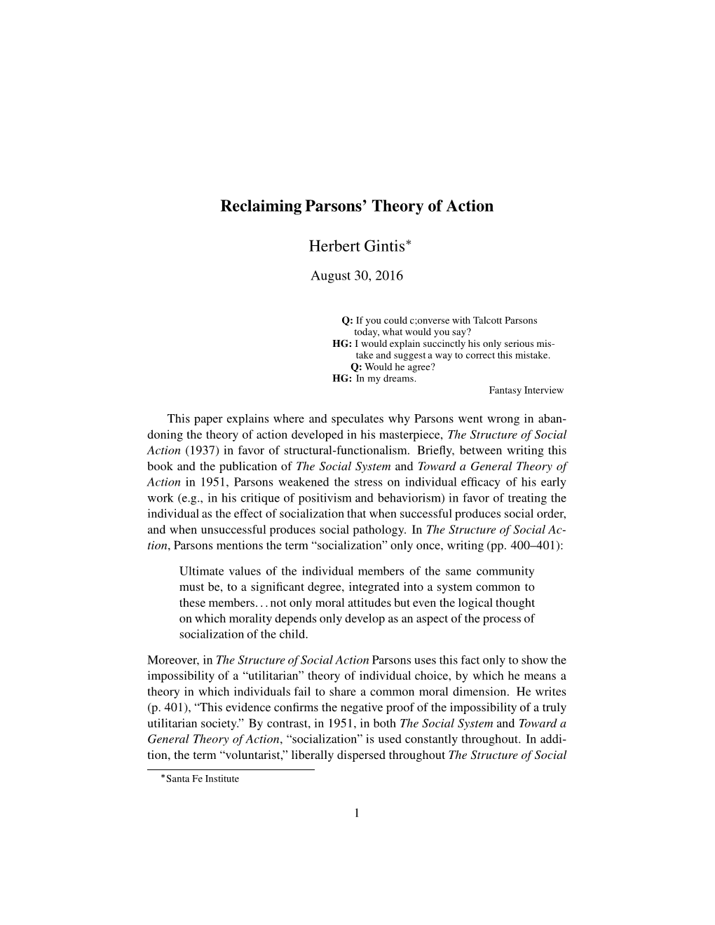 Reclaiming Parsons' Theory of Action Herbert Gintis