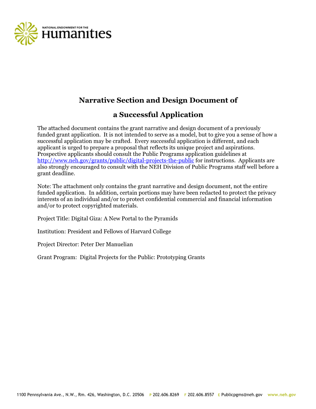 Narrative Section and Design Document of a Successful Application