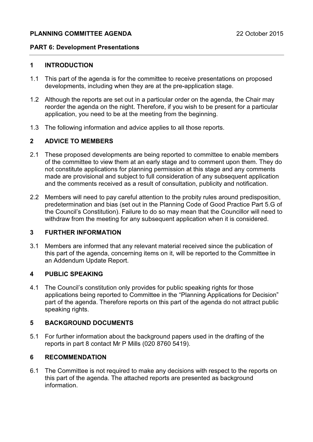 PLANNING COMMITTEE AGENDA 22 October 2015