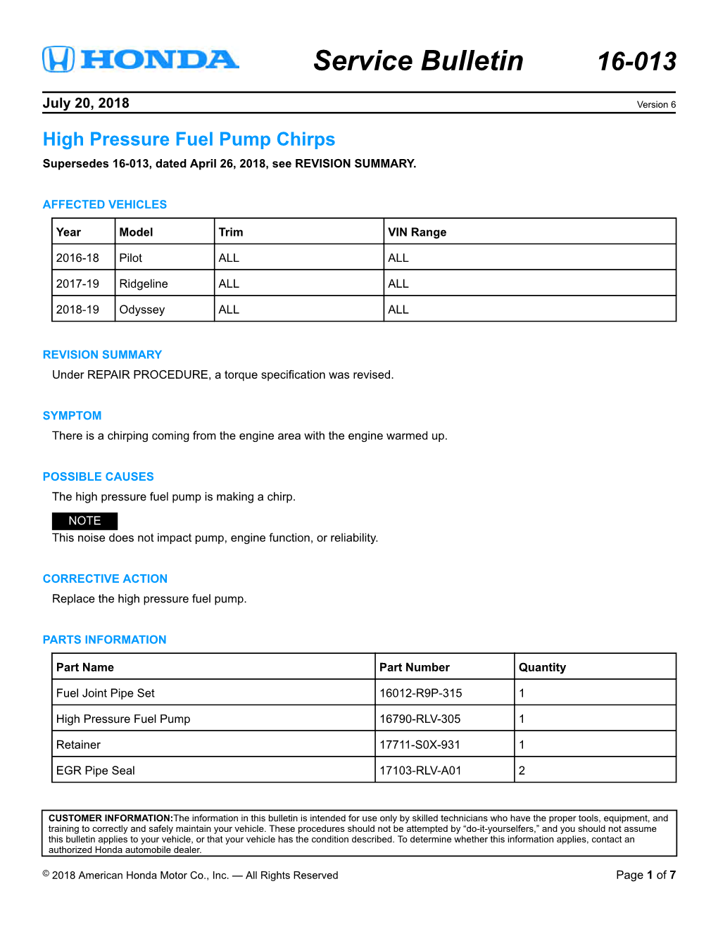 High Pressure Fuel Pump Chirps Supersedes 16-013, Dated April 26, 2018, See REVISION SUMMARY