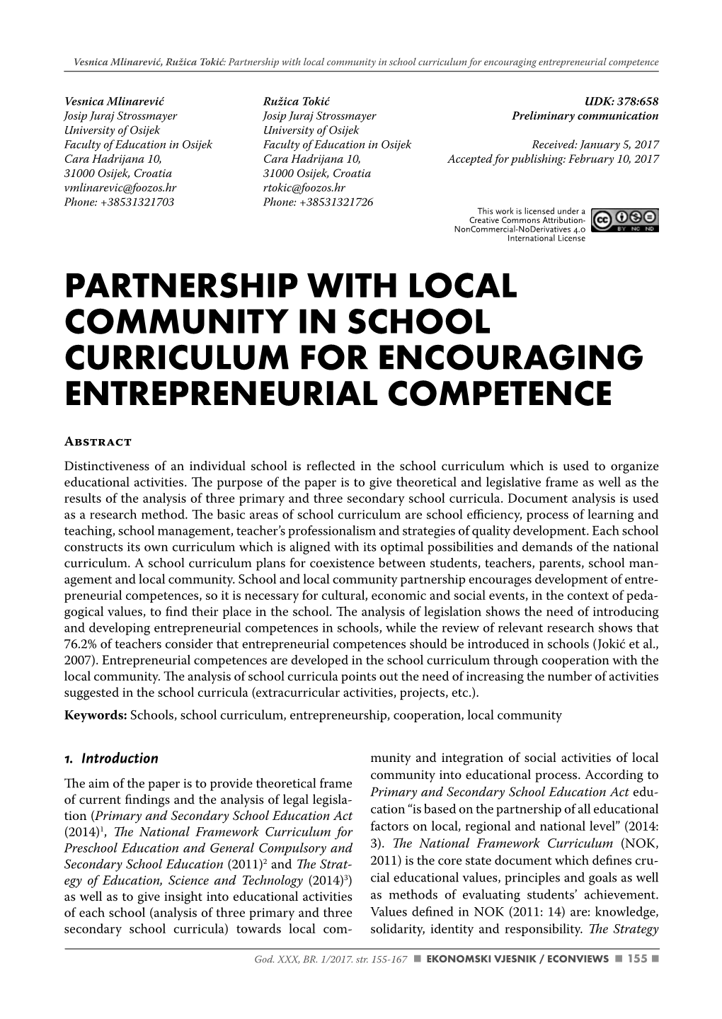 Partnership with Local Community in School Curriculum for Encouraging Entrepreneurial Competence