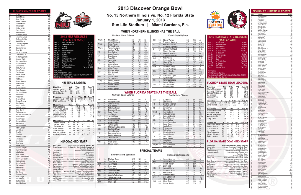 2013 Discover Orange Bowl HUSKIES NUMERICAL ROSTER SEMINOLES NUMERICAL ROSTER NO