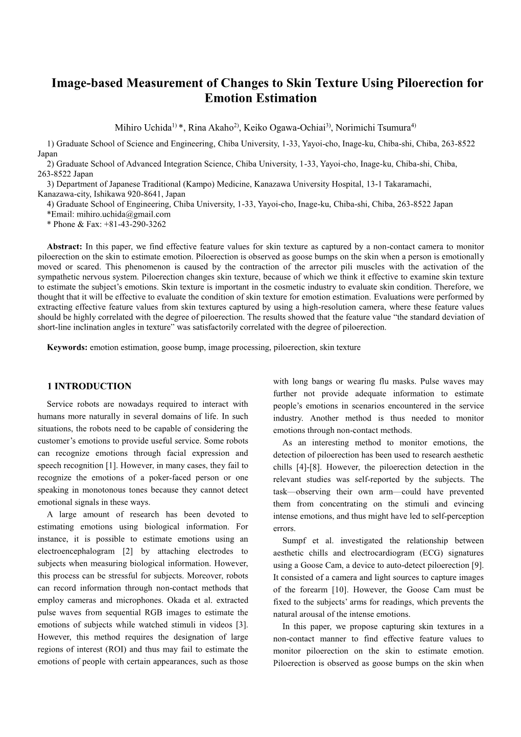 Image-Based Measurement of Changes to Skin Texture Using Piloerection for Emotion Estimation